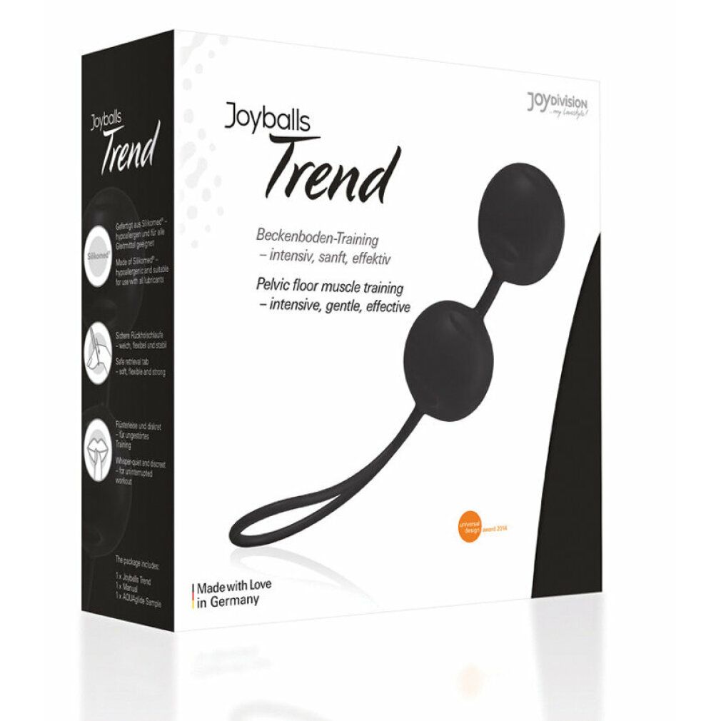 Joyballs Trend neri in confezione. Due sfere con anello. Scritta: Allenamento del pavimento pelvico.