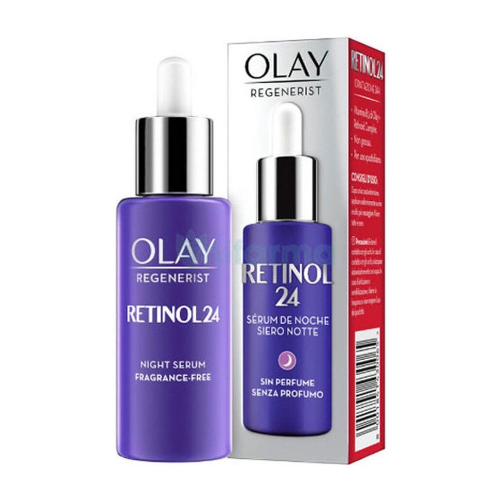 Siero notte Olay Regenerist Retinol24 e confezione. Flacone viola e scatola. Nome del prodotto e marchio ben visibili.
