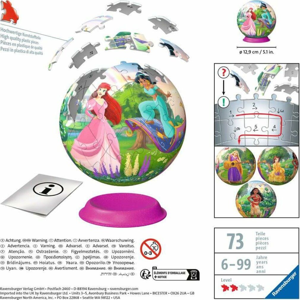 Puzzle 3D-Ball Disney Princess. Puzzle sferico con Ariel e Jasmine. Base rosa. Pezzi, istruzioni e confezione.