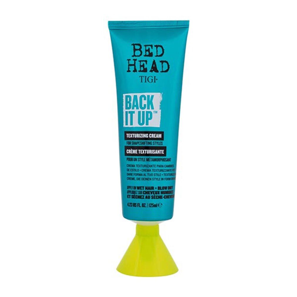 Tubo turchese con testo nero. Bed Head, TIGI, Back It Up Texturizing Cream. 125ml. Base verde.
