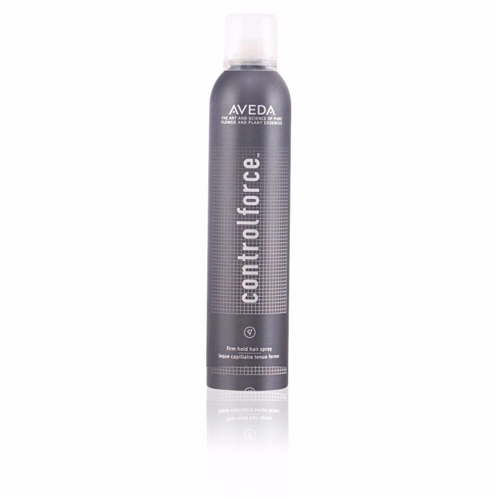 Aveda Control Force Spray. Bomboletta grigia, tappo bianco. Testo: "controlforce", "firm hold hair spray".