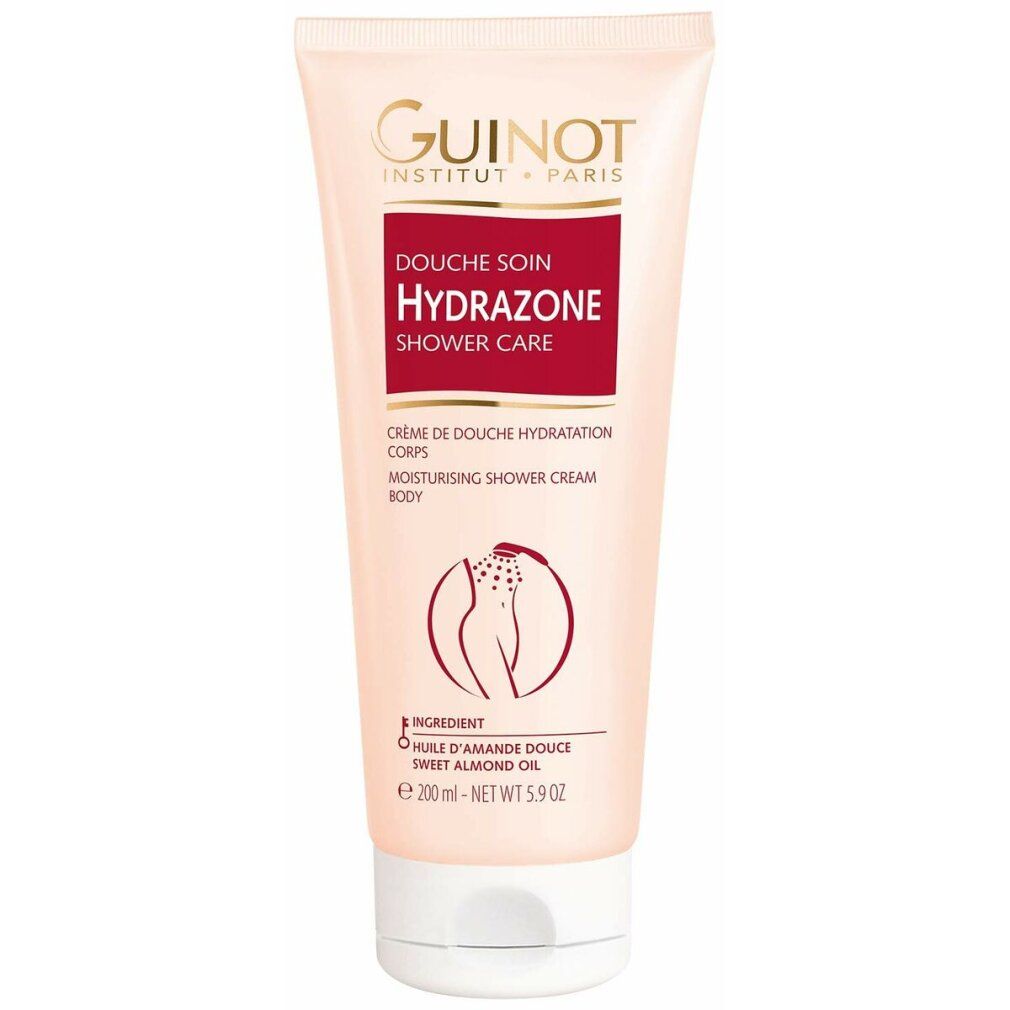 Tubo rosa con etichetta rossa. Scritta: Guinot, Douche Soin Hydrazone, Shower Care. Con illustrazione.