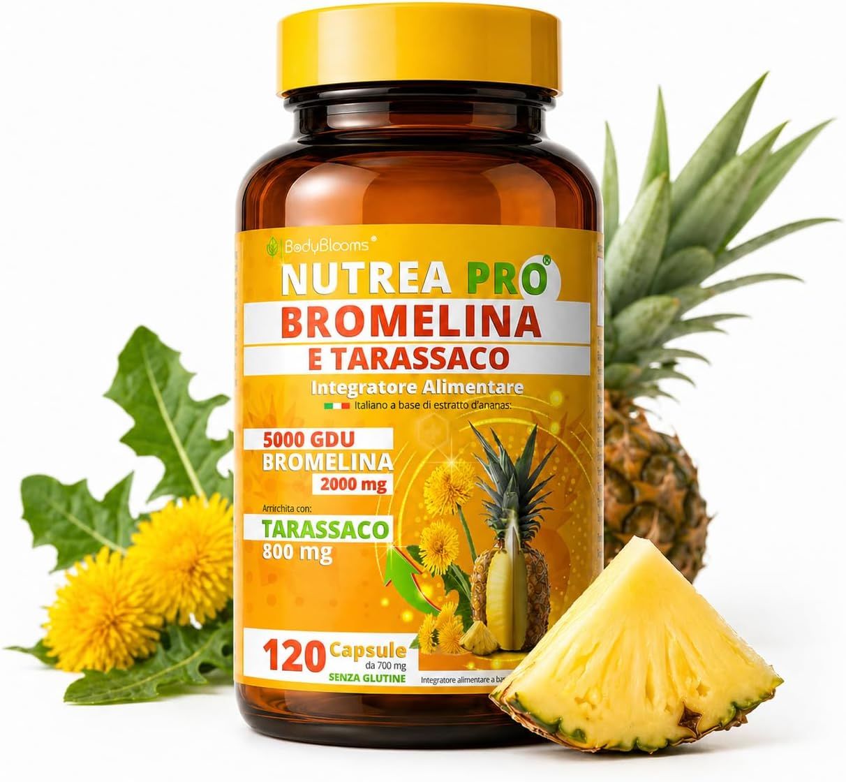 Flacone da 120 capsule di Bromelina e Tarassaco.