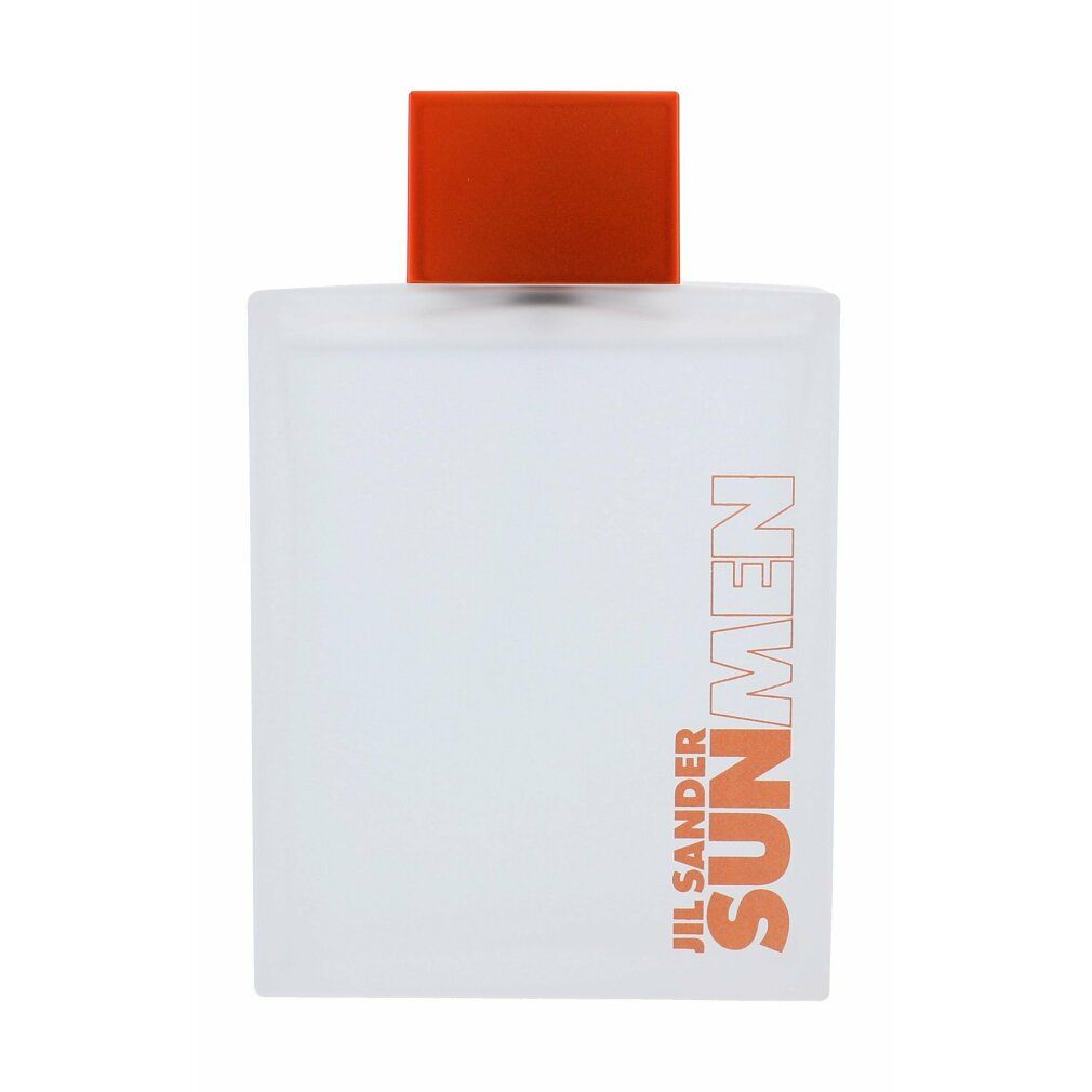 Flacone rettangolare con tappo arancione. Scritta SUN MEN e Jil Sander. Testina spray visibile.