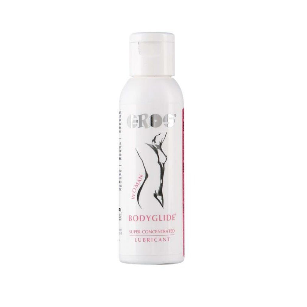 Flacone bianco con tappo a ribalta. Scritta EROS, BODYGLIDE, WOMAN, SUPER CONCENTRATED LUBRICANT. Figura femminile.