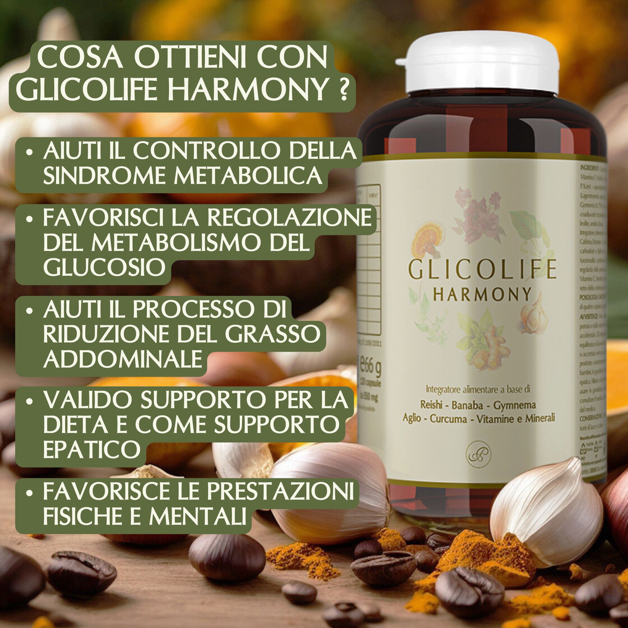 Flacone del prodotto con testo: Cosa ottieni con GlicoLife Harmony? Vantaggi per metabolismo, glucosio, perdita di grasso.