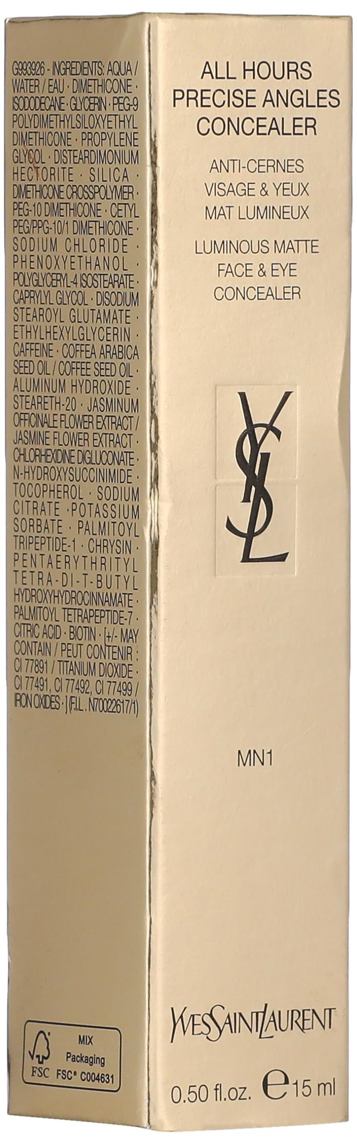 Confezione beige con testo e logo. Scritta: ALL HOURS PRECISE ANGLES CONCEALER. YVES SAINT LAURENT. MN1. 0.50 fl.oz. e 15 ml.