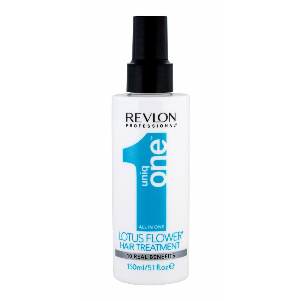 Revlon Uniq One Lotus Flower Hair Treatment. Flacone bianco con erogatore nero. Logo blu e informazioni prodotto.