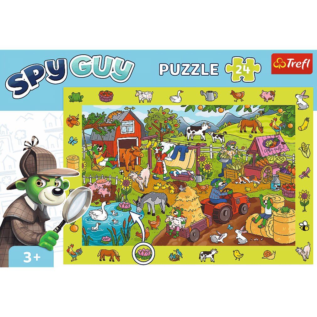 Scatola puzzle con motivo fattoria. Personaggio Spy Guy con lente d'ingrandimento. 24 pezzi. Marchio Trefl. Età: 3+.