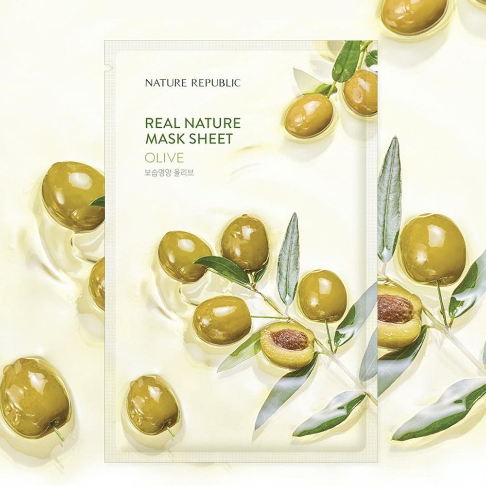 Confezione maschera viso con motivo olive. Testo: NATURE REPUBLIC, REAL NATURE MASK SHEET, OLIVE. Olive e foglie sullo sfondo.