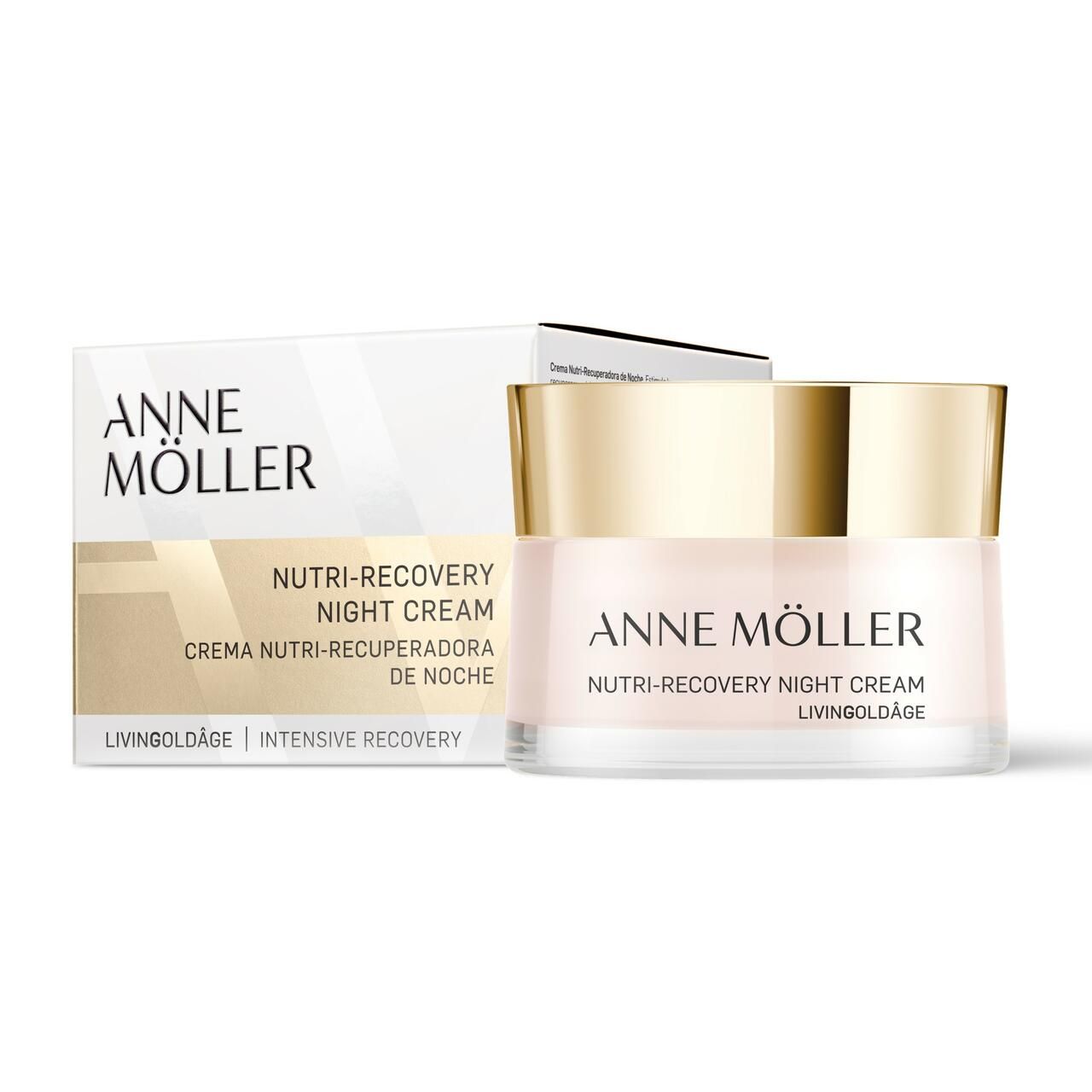 Vaso di crema e confezione. Scritta: Anne Möller, Nutri-Recovery Night Cream, Livingoldâge. Coperchio dorato.