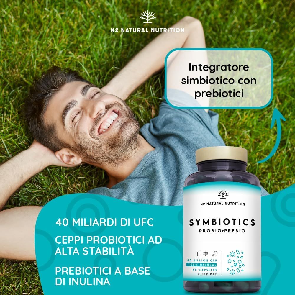 Uomo sull'erba. Flacone Symbiotics Probio+Prebio. 40 miliardi di UFC, fibre a base di inulina.