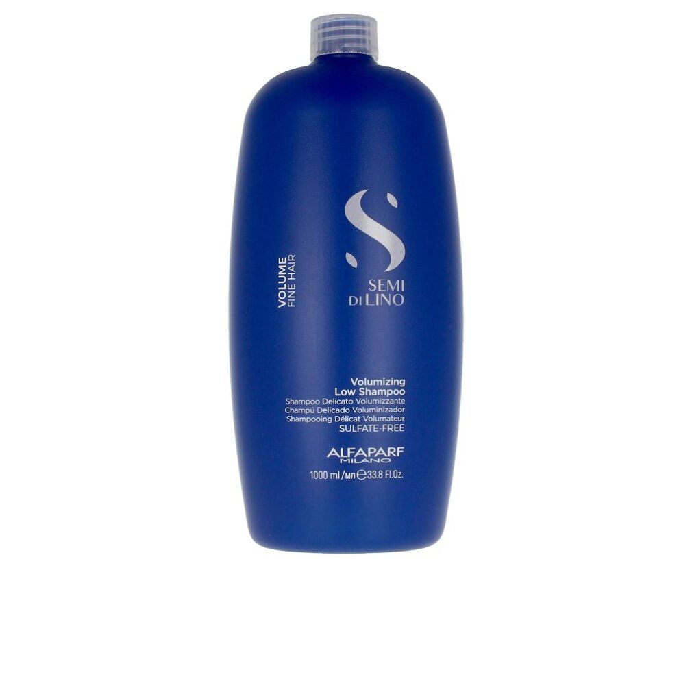 Flacone di shampoo blu con tappo bianco. Testo: Semi Di Lino, Volume Fine Hair, Volumizing Low Shampoo, Alfaparf Milano. 1000 ml.