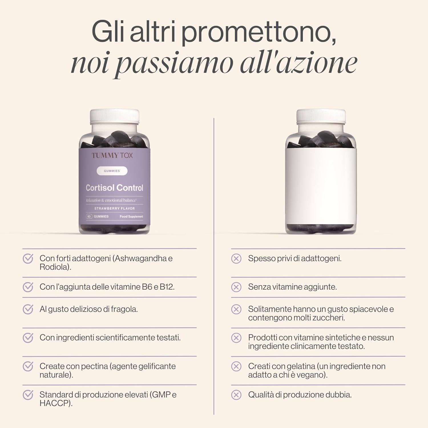 Confronto tra due prodotti. A sinistra: Tummy Tox Cortisol Control. A destra: prodotto senza adattogeni e vitamine.