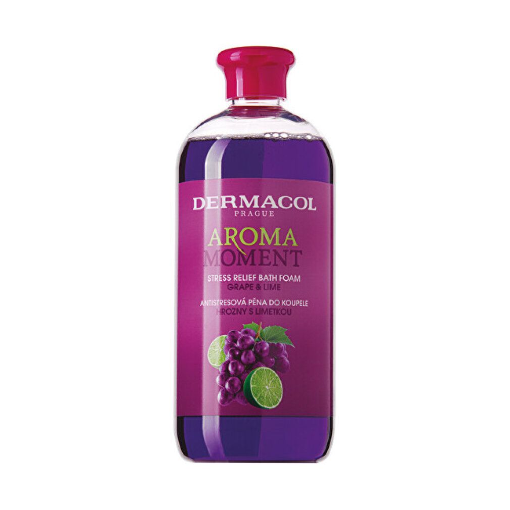 Flacone di bagnoschiuma viola. Scritta: Dermacol Aroma Moment, Grape & Lime. Immagine di uva e lime.