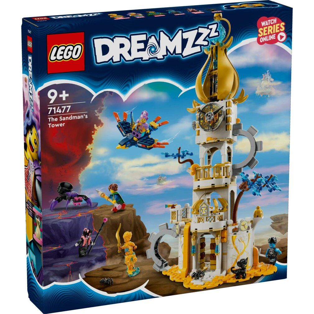Set LEGO DREAMZzz. Torre con elementi dorati, personaggi e aereo. Confezione con logo e nome del prodotto.