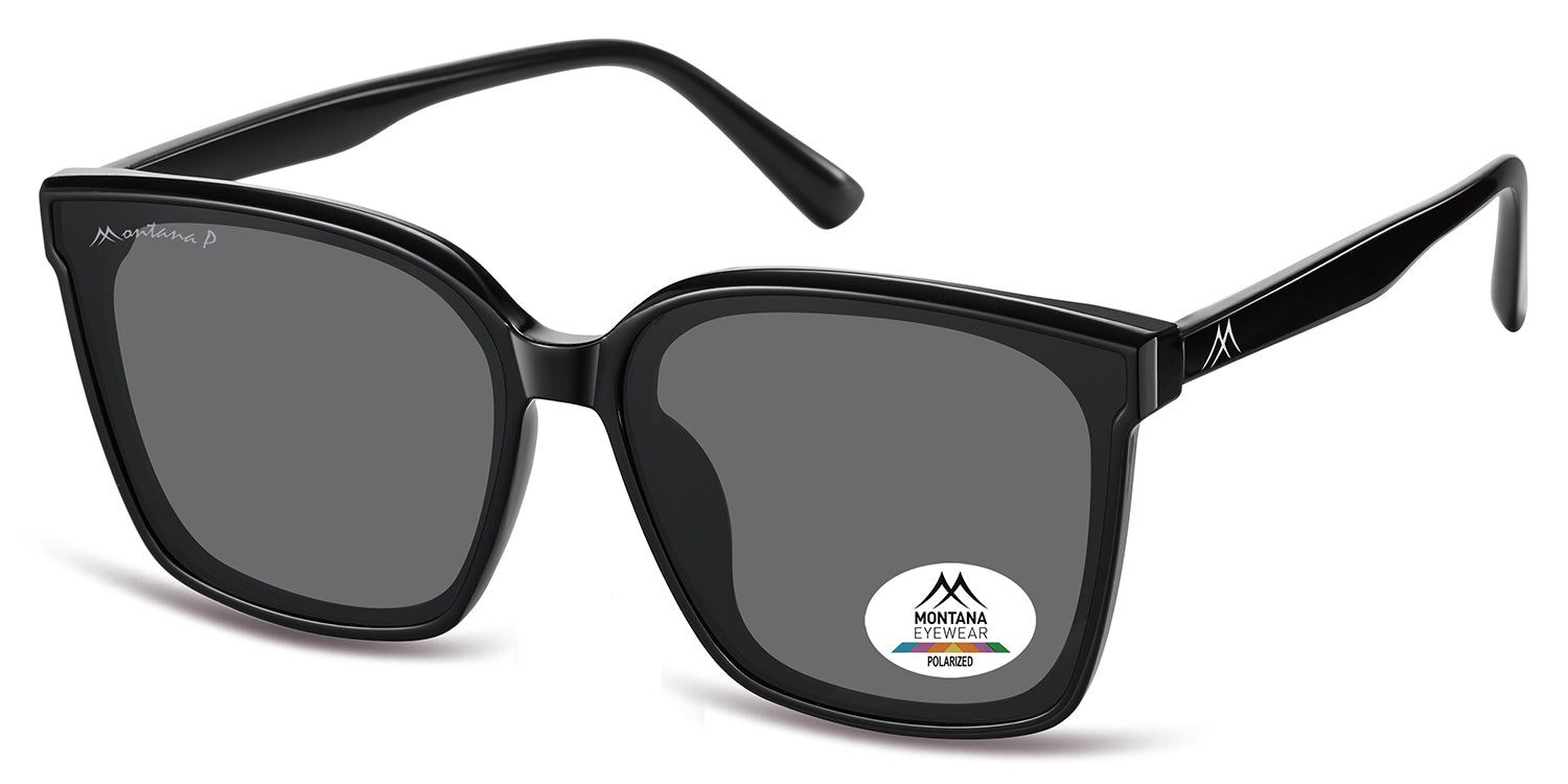 Occhiali da sole neri con lenti grigie. Logo Montana Eyewear sull'asta e sulla lente. Polarizzati.