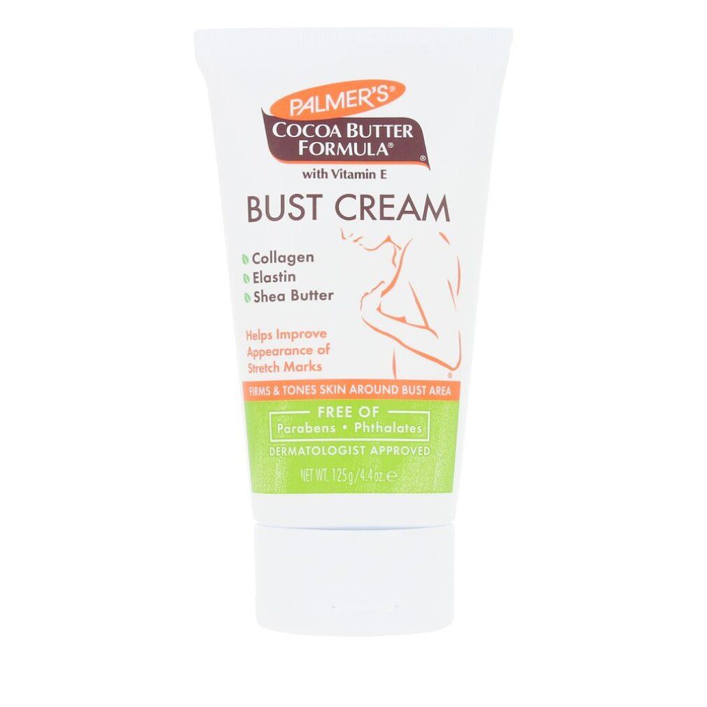 Tubo Palmer's Bust Cream con illustrazione del seno e informazioni sul prodotto.