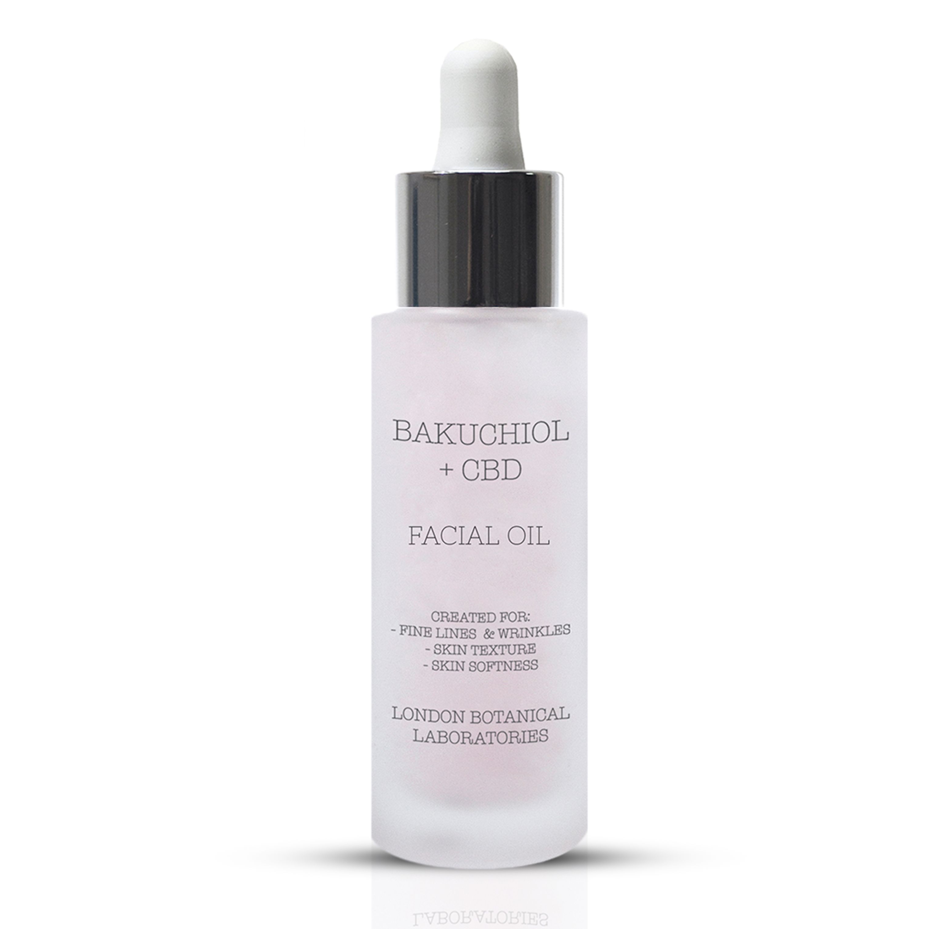 Olio viso London Botanical Laboratories Bakuchiol + CBD in flacone di vetro con contagocce.
