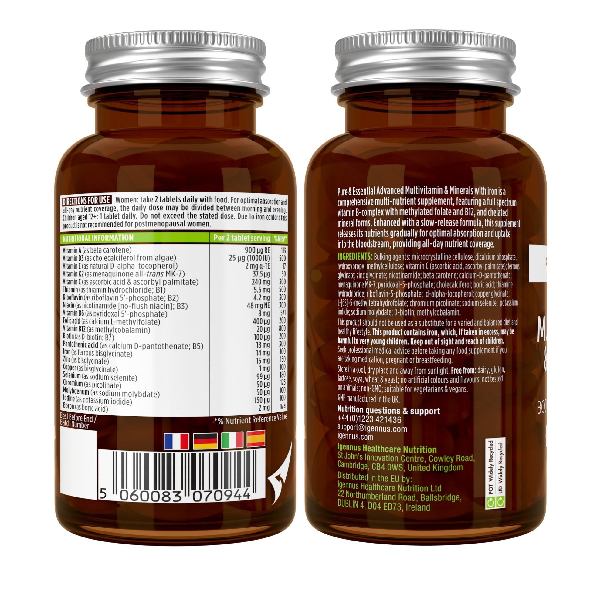 Due lati di un flacone con etichette. Informazioni nutrizionali, ingredienti, informazioni sul produttore. Nome del prodotto: Multivitaminico per donne.