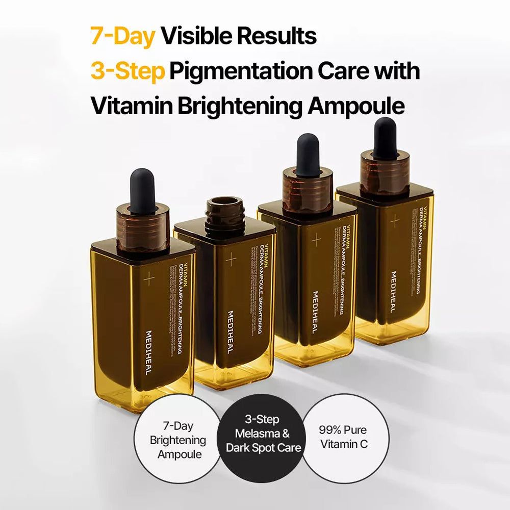 Quattro flaconi marroni con bordi gialli e contagocce neri. Scritta: Vitamin Derma Ampoule Brightening, MEDIHEAL. Testo: Risultati in 7 giorni.