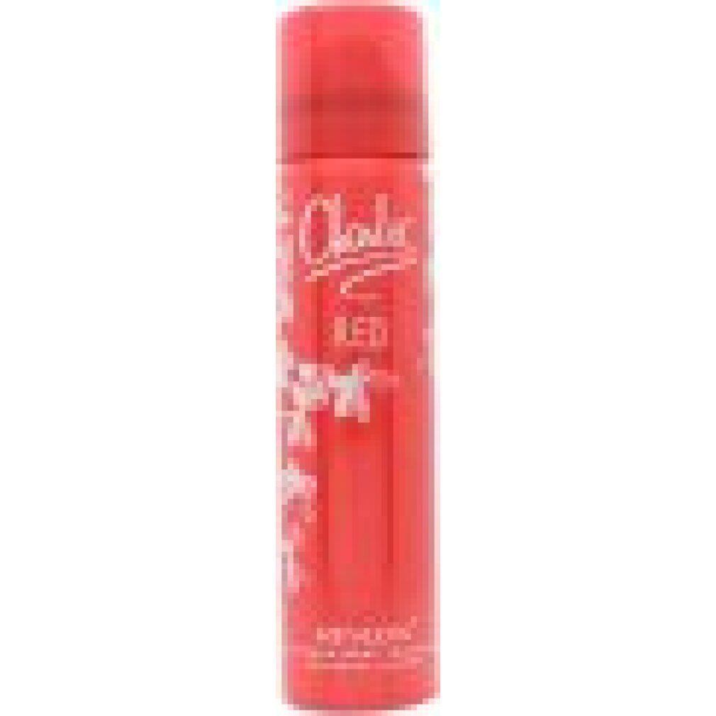Bomboletta spray corpo rossa con scritta bianca 'Charlie Red' e motivo floreale. Logo Revlon.