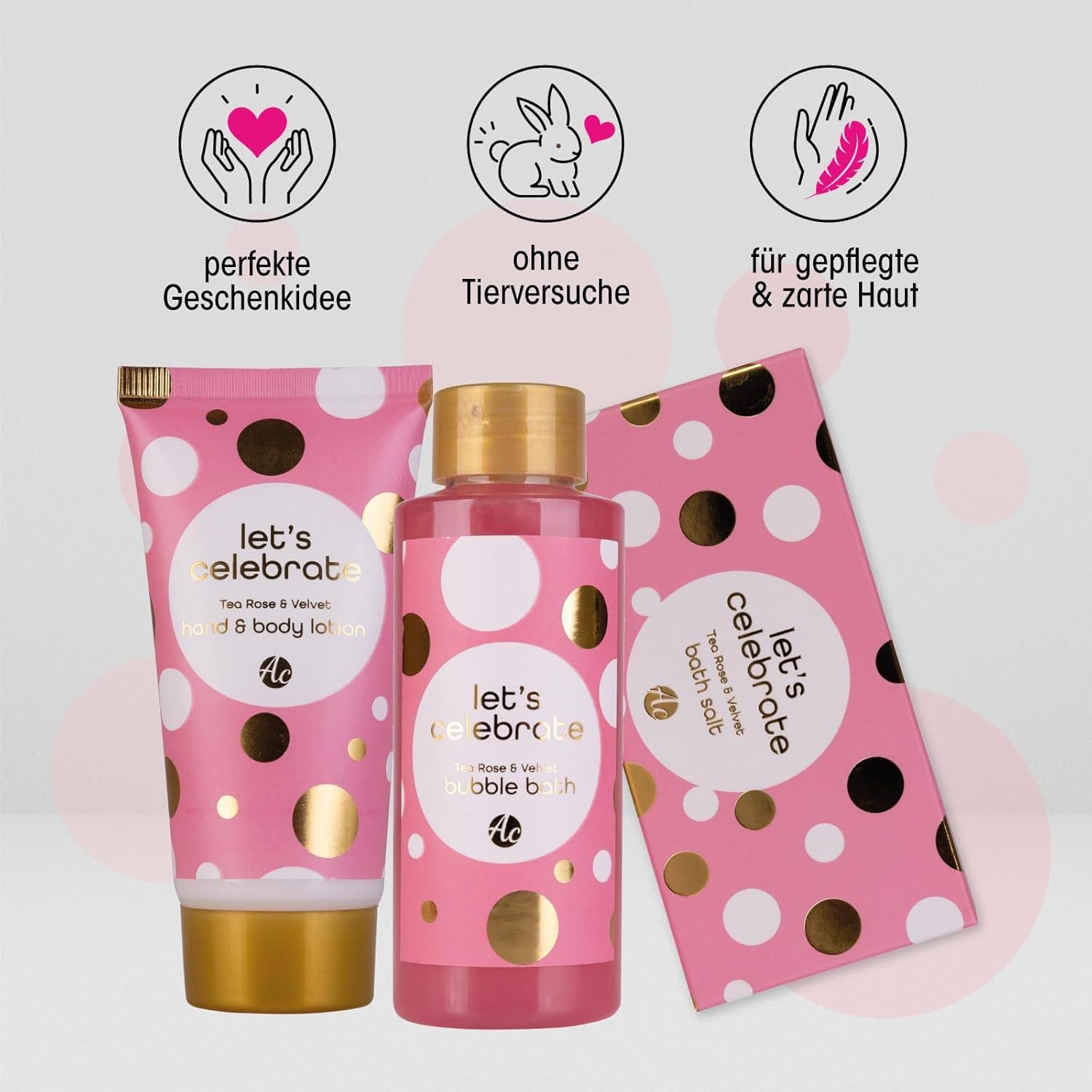 Tre prodotti con confezione rosa e pois bianchi e dorati. Scritta: Let's Celebrate. Prodotti: lozione mani e corpo, bagno schiuma, sale da bagno.