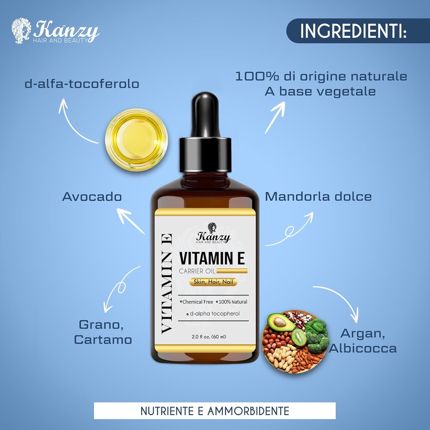 Flacone in vetro marrone di olio di vitamina E. Contiene avocado, mandorle dolci, grano, cartamo, argan, albicocca. 60ml.