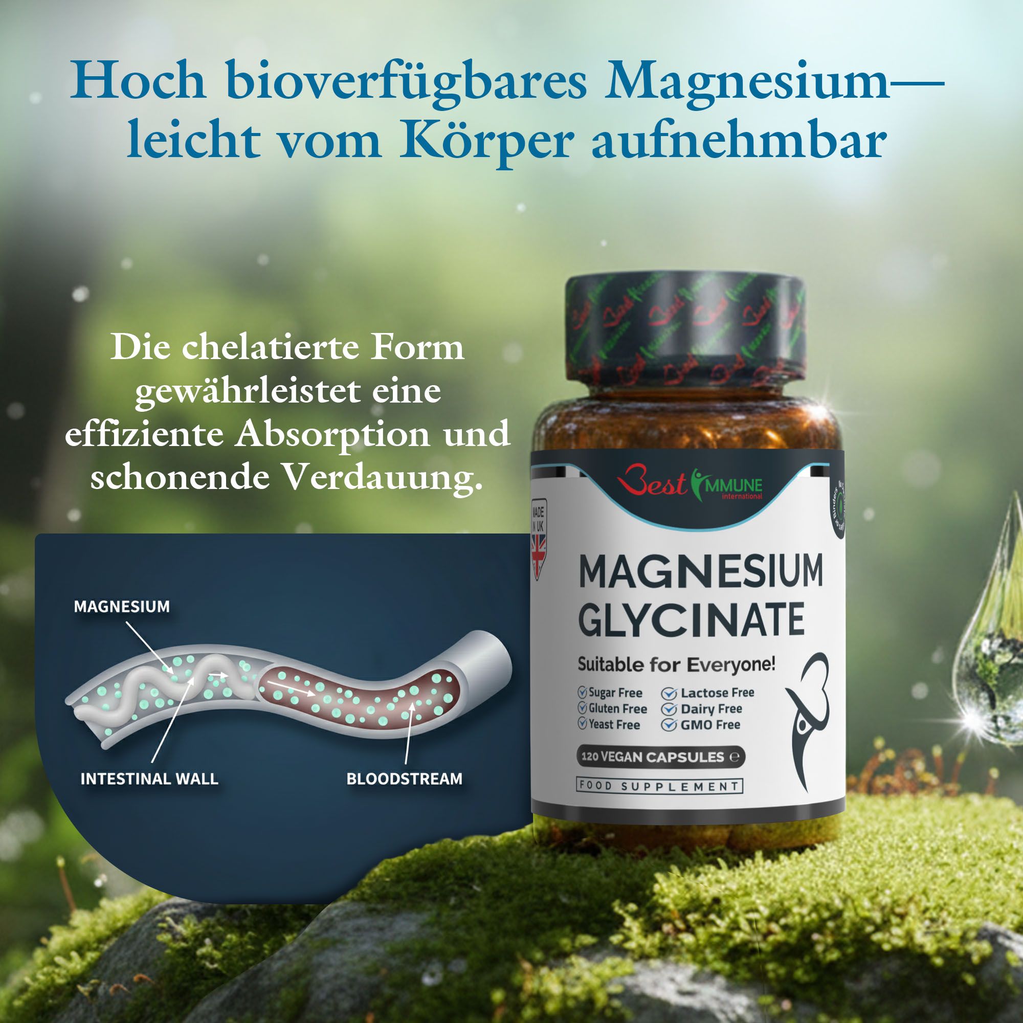 Flacone di magnesio glicinato con infografica sulla parete intestinale e sul flusso sanguigno. Alta biodisponibilità.