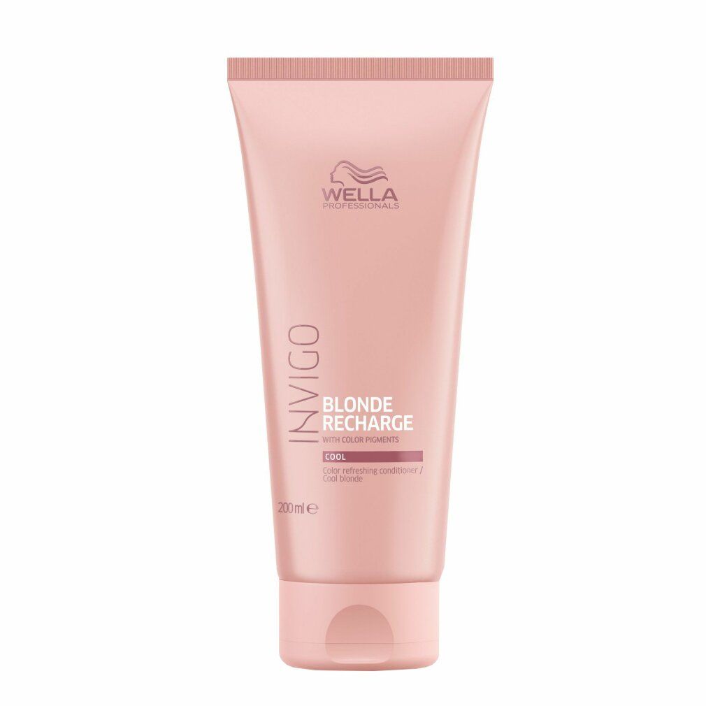 Tubo rosa con informazioni sul prodotto. Scritta: Invigo, Blonde Recharge, Cool. Marchio: Wella Professionals. 200ml.