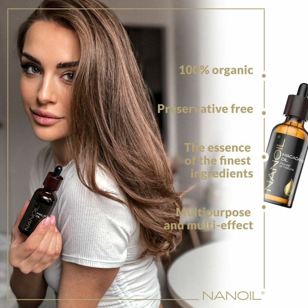 Donna tiene in mano un flacone di Nanoil Macadamia Oil. Testo: 100% organico, senza conservanti, essenza dei migliori ingredienti.
