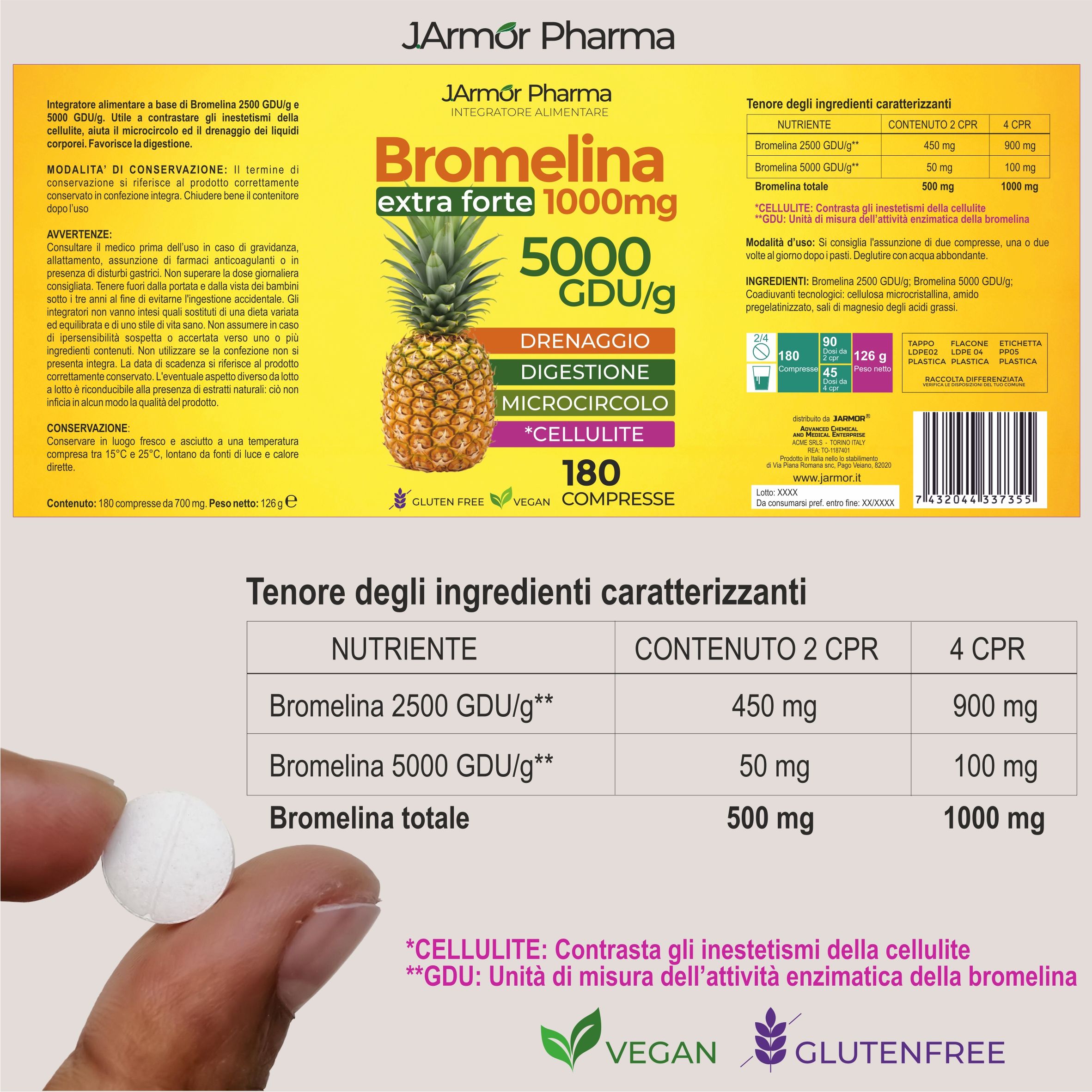 Compressa tra le dita. Confezione con informazioni sul prodotto. Testo: Bromelina extra forte 1000mg 5000 GDU. Senza glutine, Vegan.