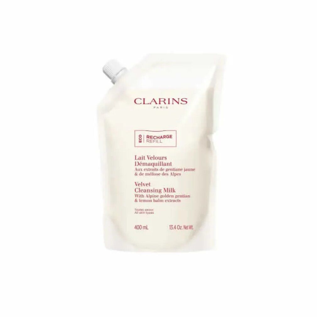 Ricarica struccante. Sacchetto bianco con beccuccio. Testo: Clarins, Recharge, Lait Velours, 400 ml.