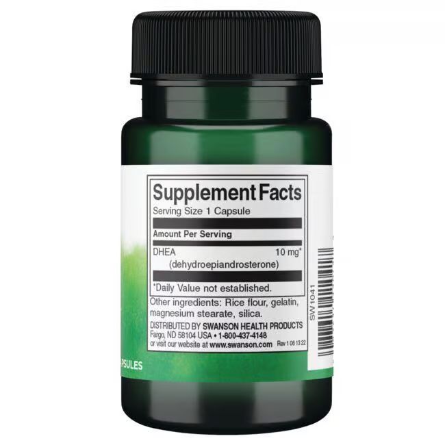 Retro di un flacone verde con tappo nero. Etichetta con "Supplement Facts" e informazioni nutrizionali.
