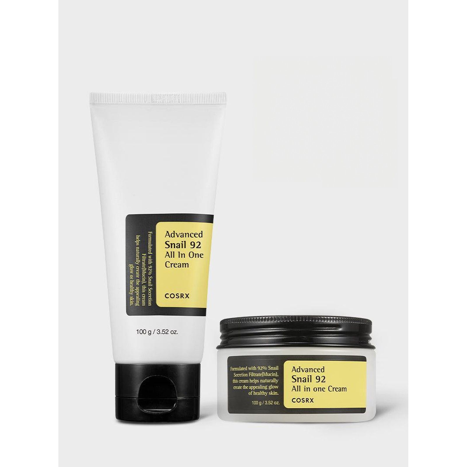 Tubo bianco con tappo nero, contiene COSRX Advanced Snail 92 All In One Cream, 100g.