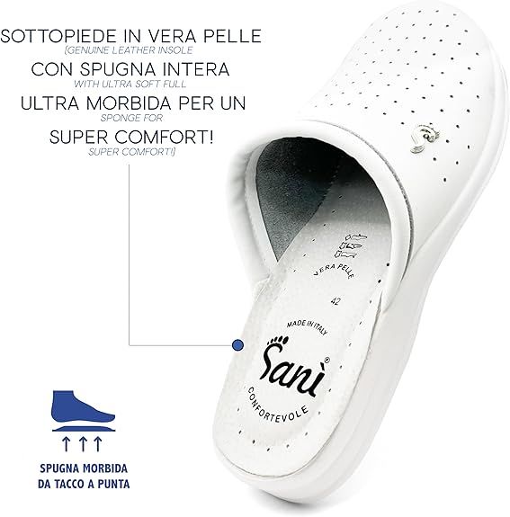 Primo piano di zoccolo Sanì bianco traforato. Testo: Sottopiede in vera pelle, ultra morbido per super comfort!