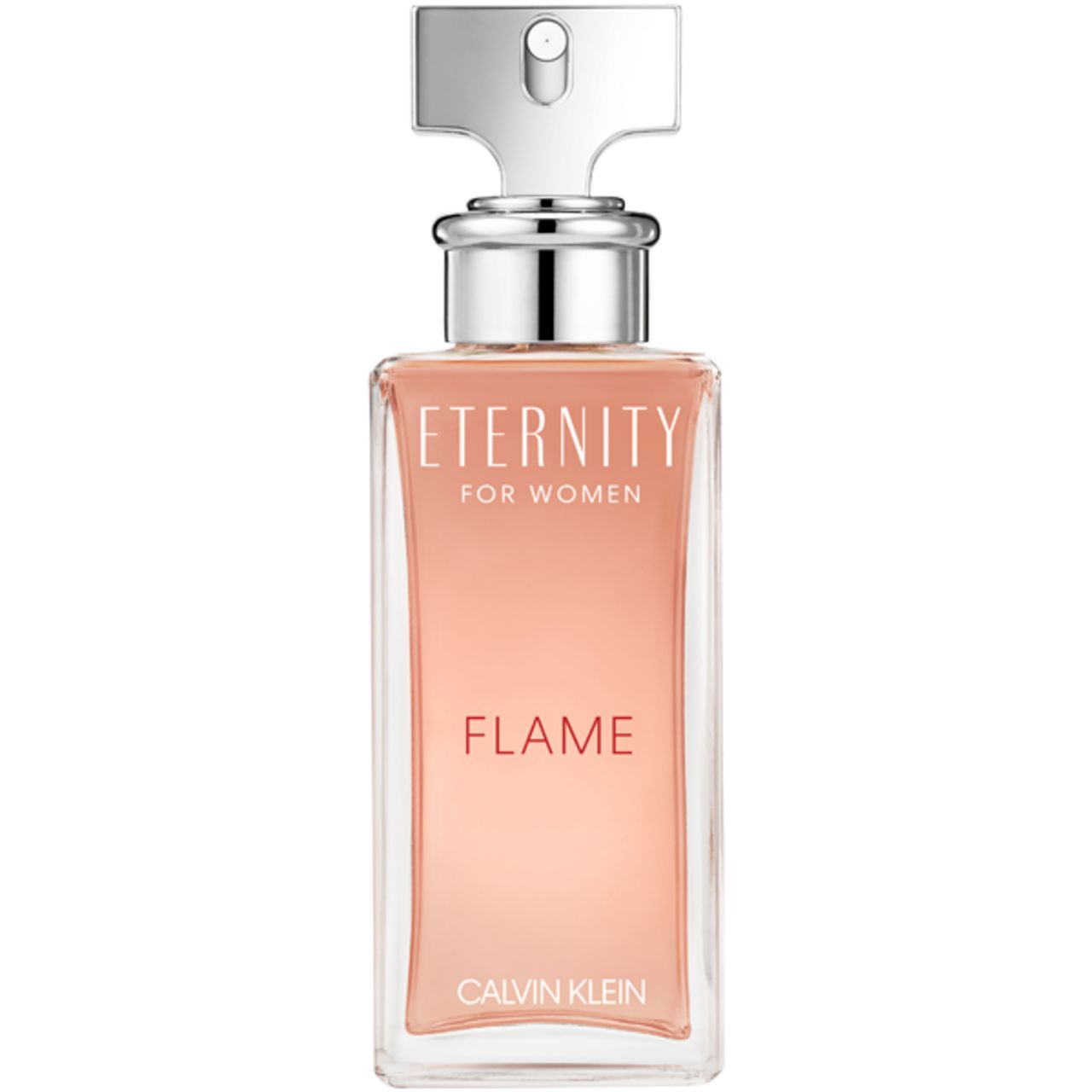Flacone rettangolare con vaporizzatore argentato. Scritte: Eternity for Women, Flame, Calvin Klein. Liquido rosa.