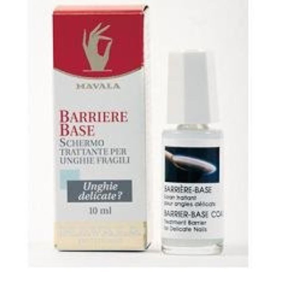 Flacone di liquido trasparente con tappo bianco e scatola. Scritta: BARRIERE BASE, 10 ml. Marchio: MAVALA.