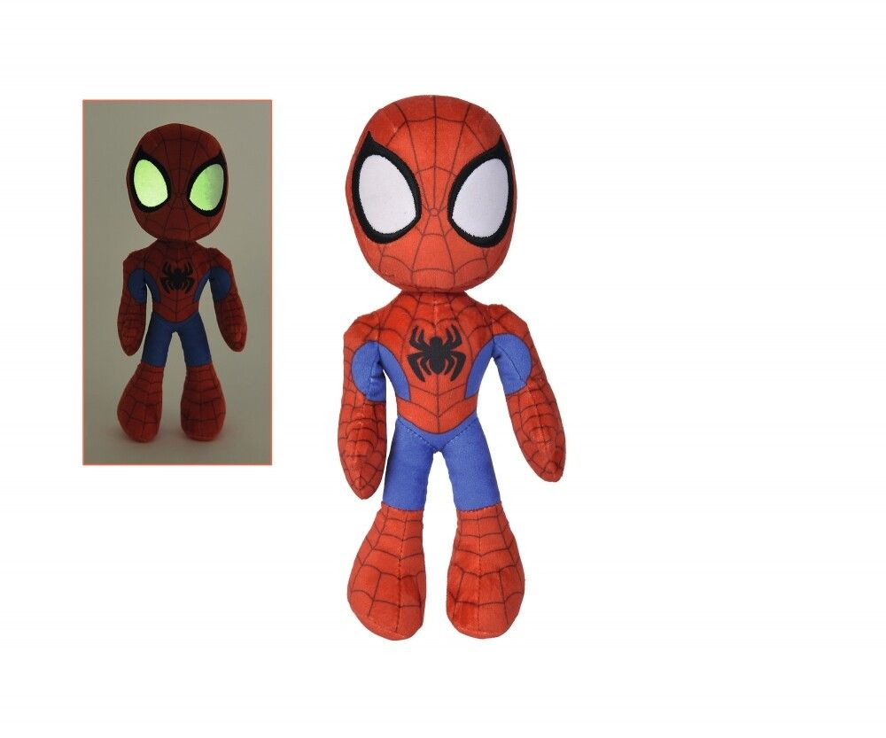 Peluche Spider-Man rosso e blu, occhi bianchi. Logo ragno nero sul petto. Vista laterale con occhi luminosi.
