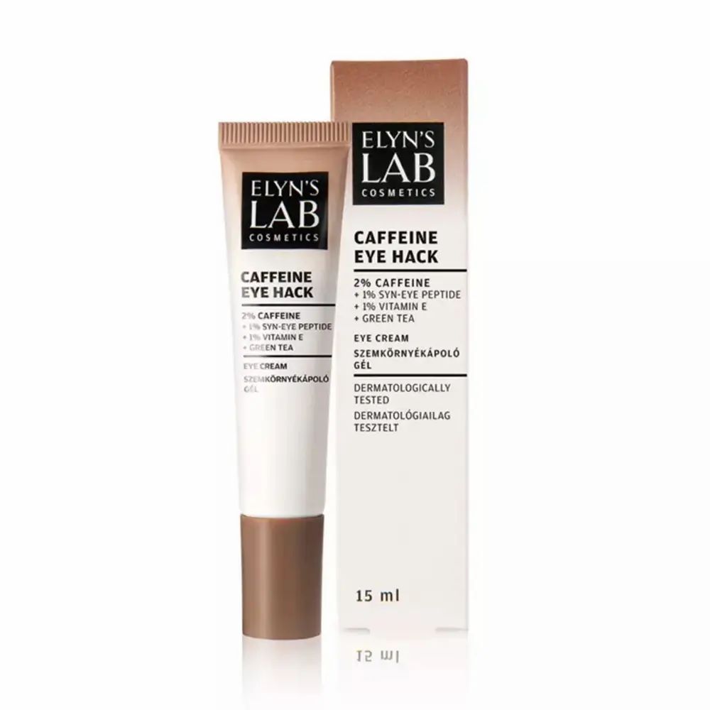 Tubo e confezione di crema. Scritta: ELYN'S LAB Caffeine Eye Hack. Con informazioni sul contenuto. 15 ml.