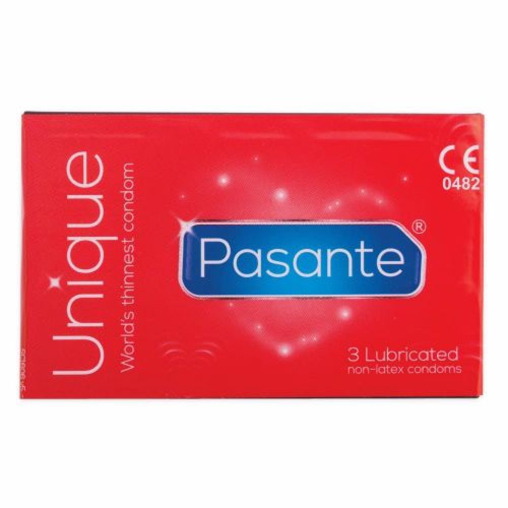Confezione rossa "UNIQUE" e "Pasante". Contiene 3 preservativi. Marchio CE. "World's thinnest condom". Preservativi non lattice.