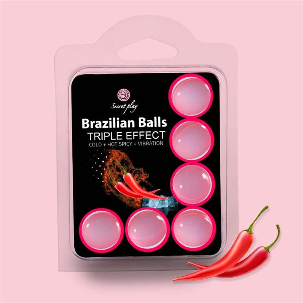 Confezione con sei sfere rosa, scritta "Brazilian Balls Triple Effect" e grafica di peperoncini.