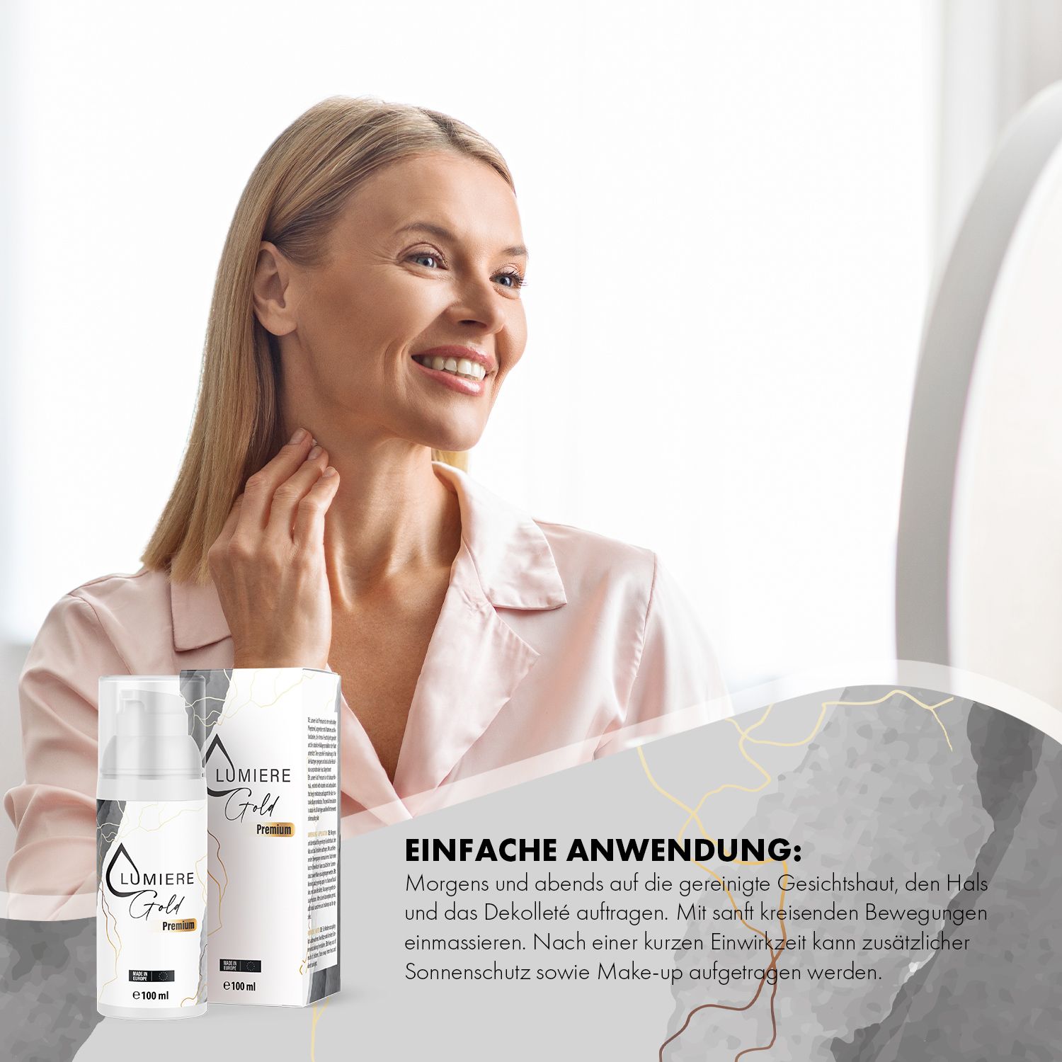 Donna si guarda allo specchio. Accanto a lei: flacone e scatola di crema. Scritta: Lumiere Gold Premium. Testo: Facile applicazione.
