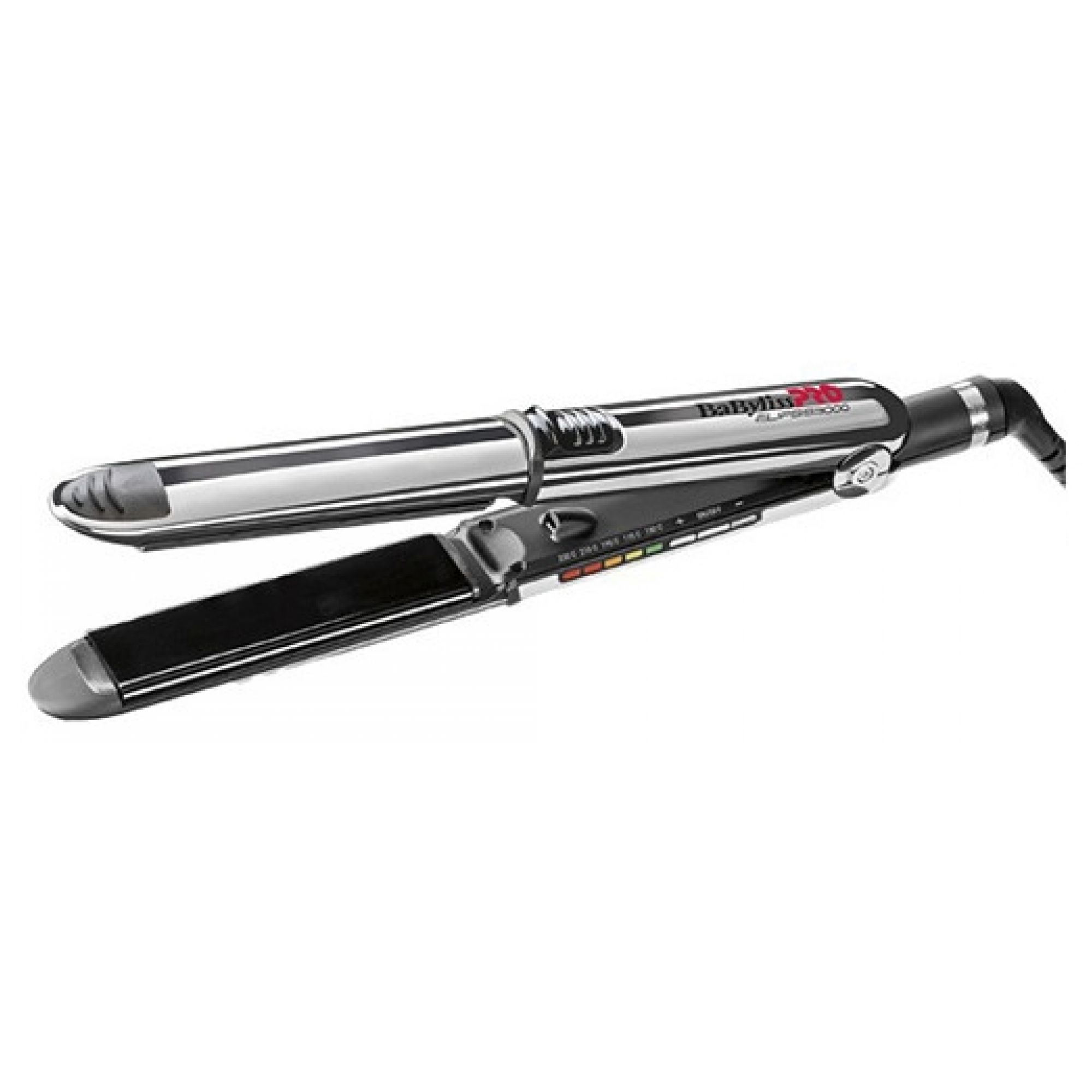 Piastra per capelli Babyliss Pro con elementi argento e neri, indicatore di temperatura.