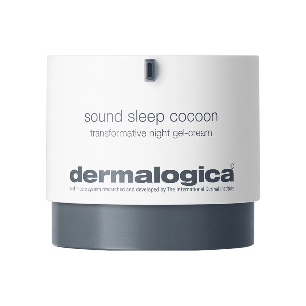 Contenitore cilindrico con base grigia. Scritta: sound sleep cocoon, transformative night gel-cream, Dermalogica.