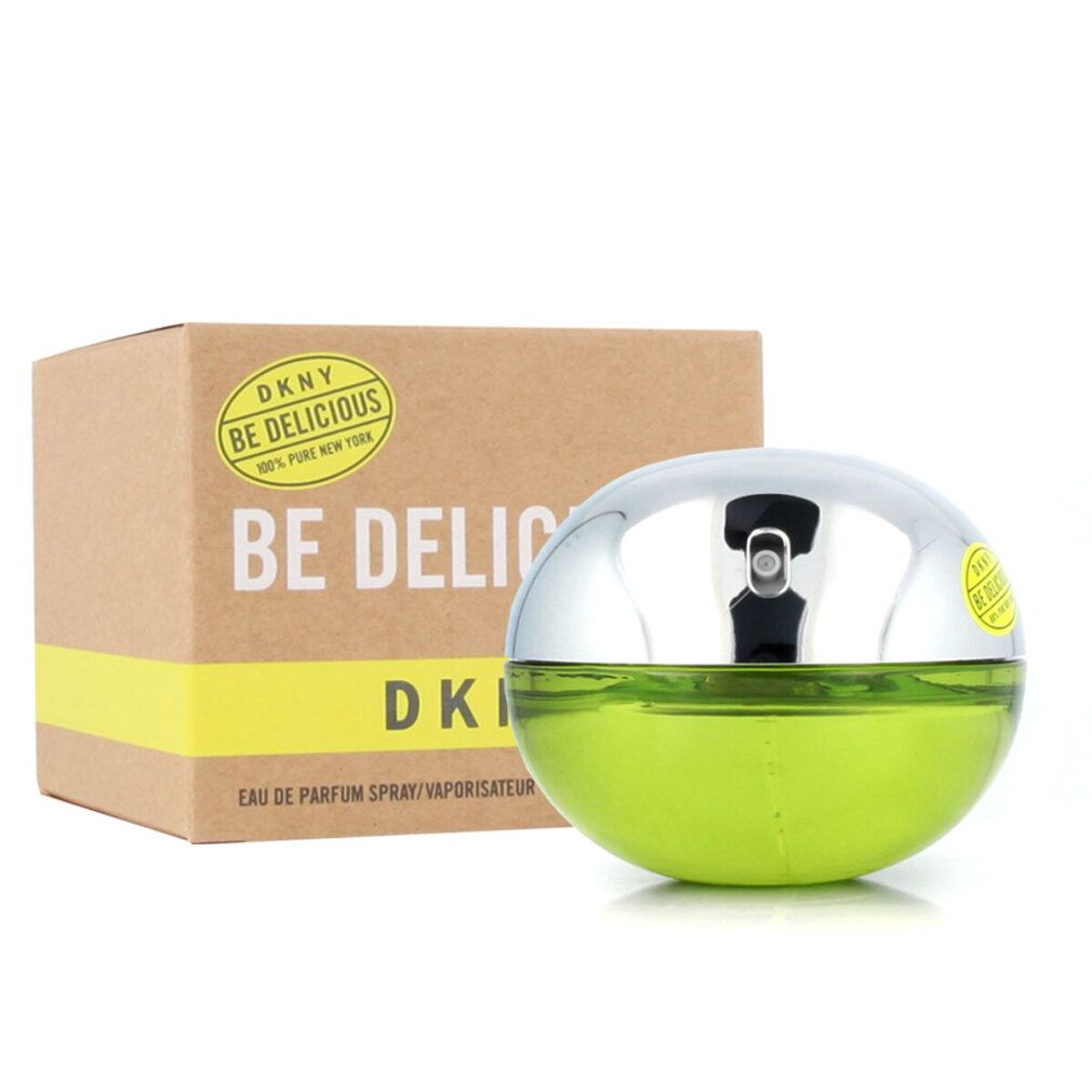 Flacone rotondo con coperchio argentato e liquido giallo-verde. Scatola accanto. Scritta: DKNY Be Delicious.