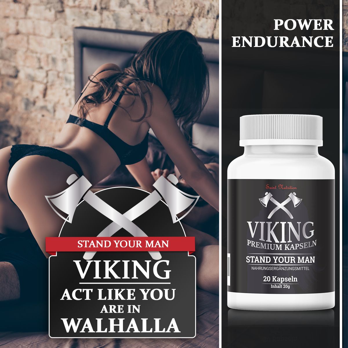 Immagine pubblicitaria con flacone. Scritta: VIKING Premium Kapseln, 20 capsule. Immagine di una donna e testo: ACT LIKE YOU ARE IN WALHALLA.