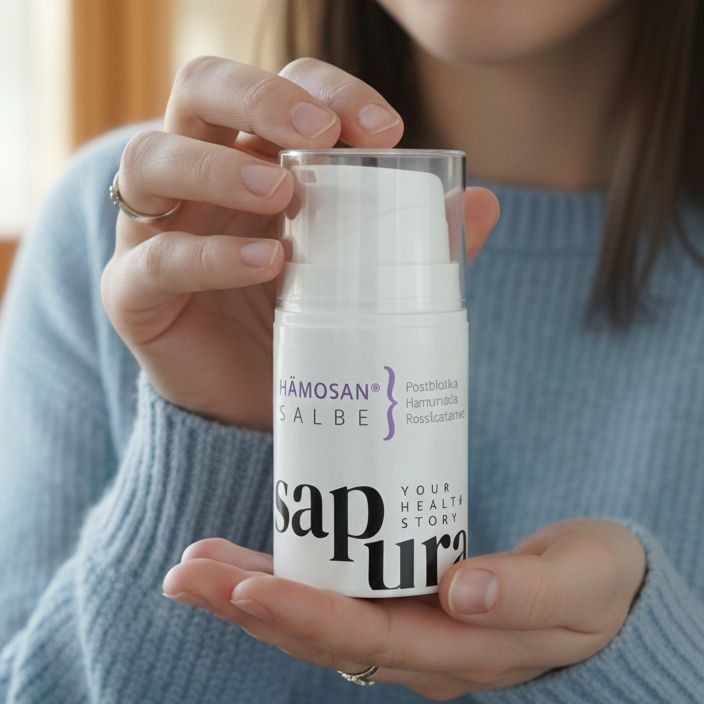 Dispenser bianco con coperchio trasparente. Scritta: Hämorrhoiden Salbe, HämoSan, Sapura. Donna che tiene il prodotto.