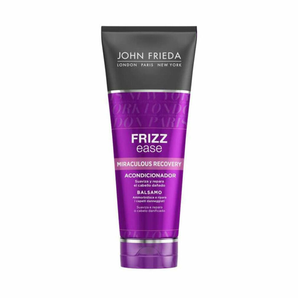 Tubo viola con tappo nero. Scritta: John Frieda, Frizz Ease, Miraculous Recovery Conditioner. Per capelli secchi e danneggiati.