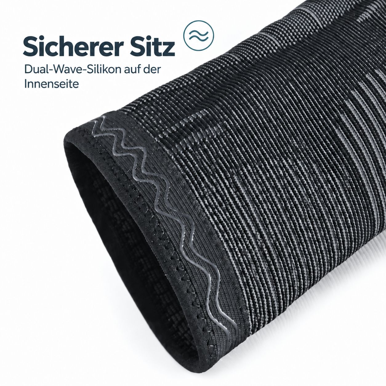 Vista dettaglio ginocchiera: interno con strisce in silicone Dual Wave per una tenuta sicura. Tessuto a maglia con scanalature.